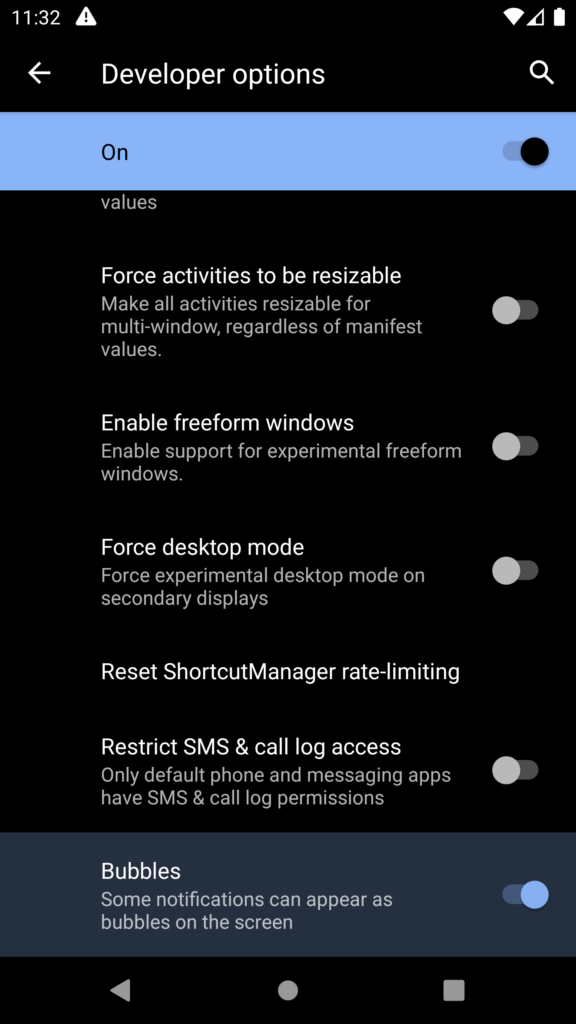 Set Bubbles in Debeloper Options - Android